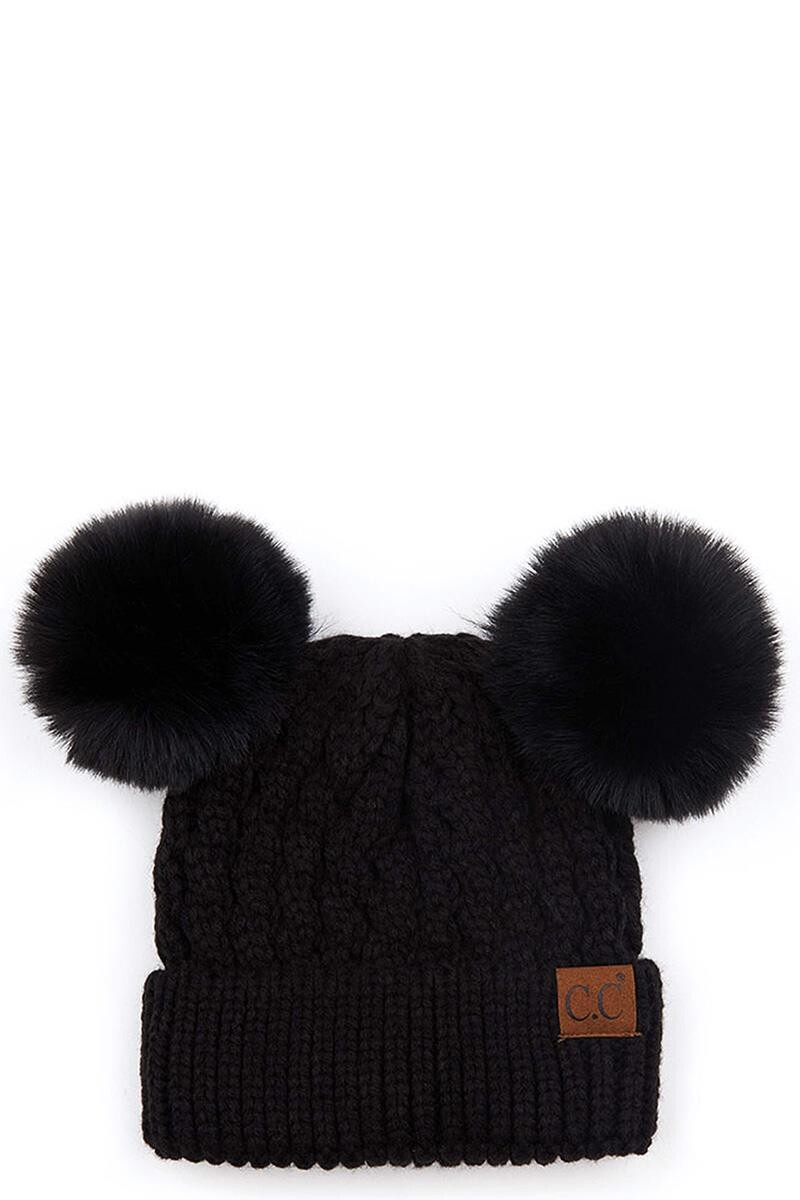 HAT-2055 CC KNIT DOUBLE POM BEANIE, Color: Black, Size: Adult