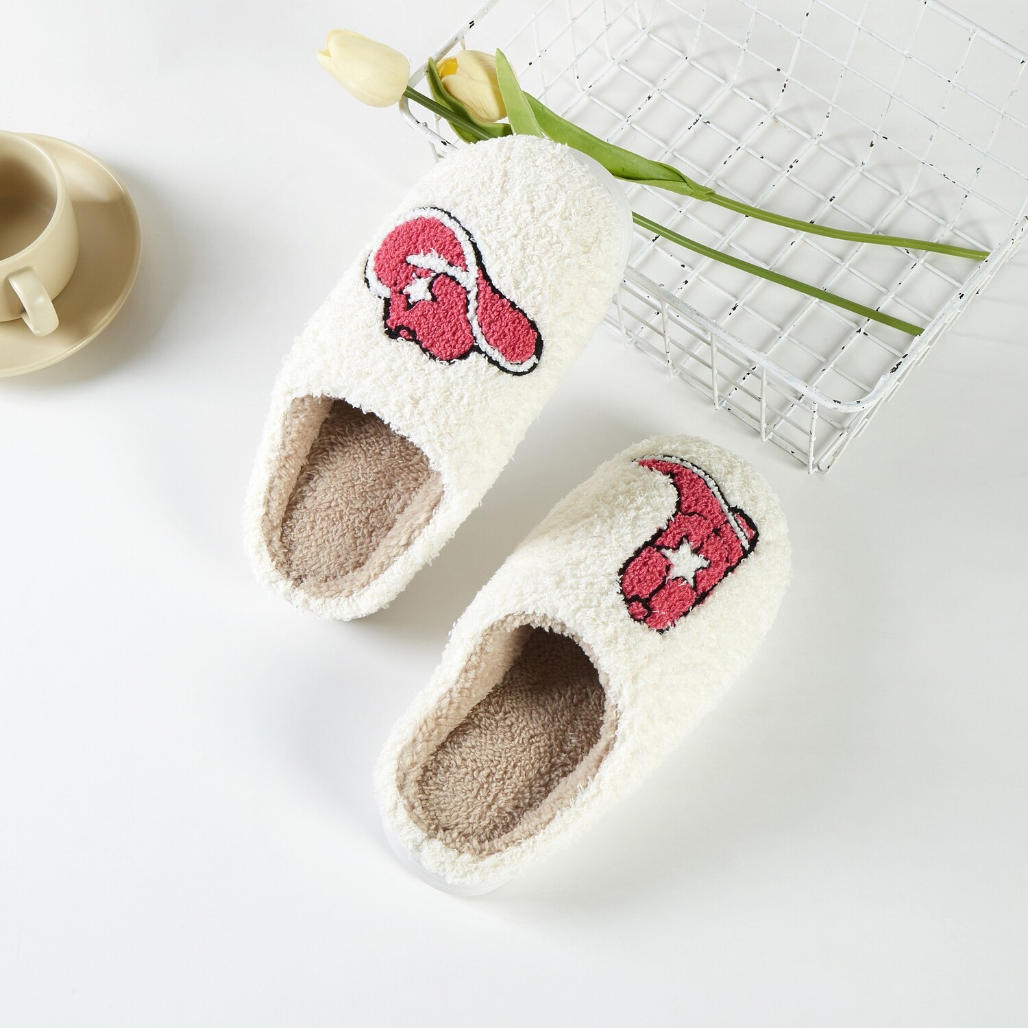 CSL-4507 Pink Cowboy Hat and Boot Slippers, Color: Ivory, Size: SML