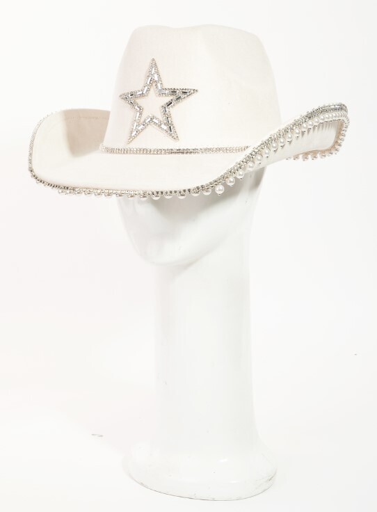 MMT9122 Pearl and Rhinestone Cowboy Hat, Color: Ivory