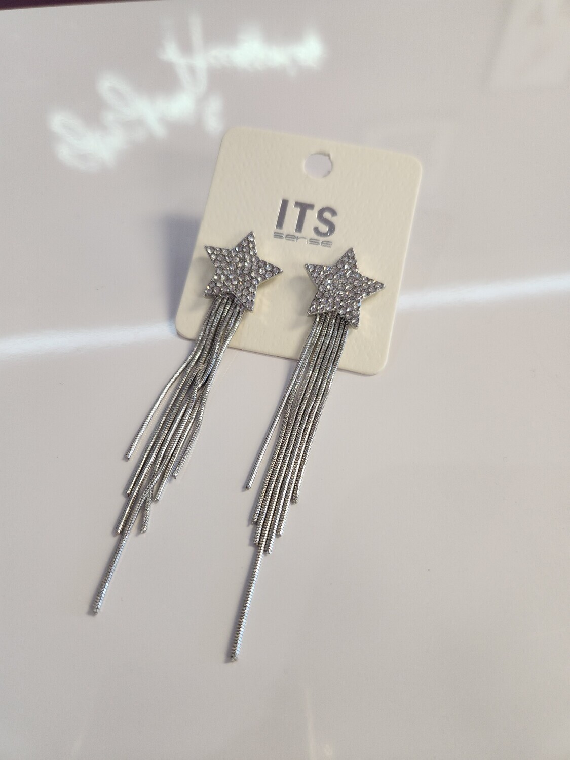 ME20327S Pave Stone Star w/Chain Earring Silver