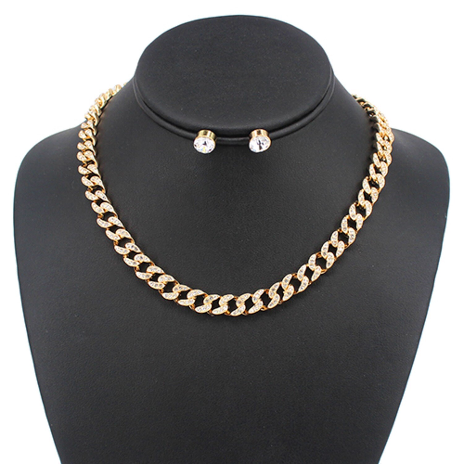 KS-5136-16 Rhinestone Cuban Link Necklace Gold w/Earrings