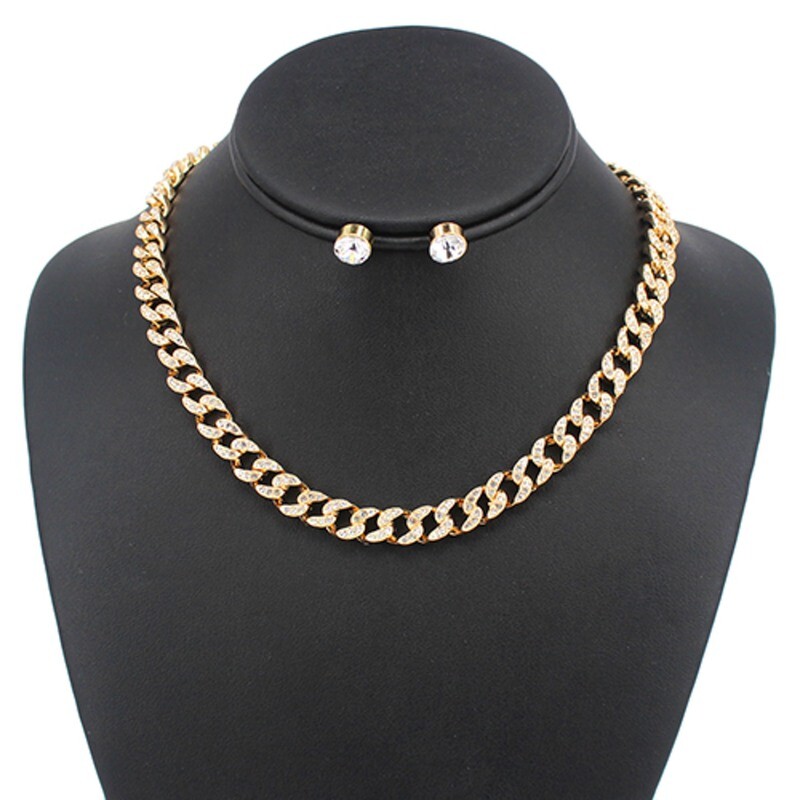 KS-5136-16 Rhinestone Cuban Link Necklace Gold w/Earrings