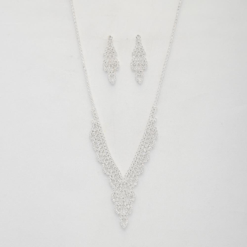 S-19761 V Shape Crystal Pave Necklace and Earring Set WG