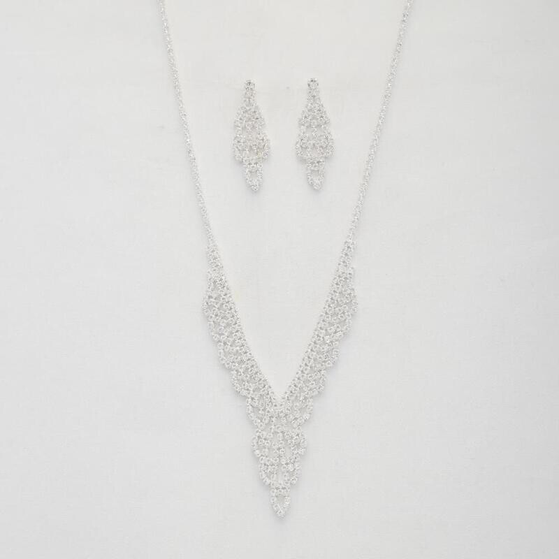 S-19761 V Shape Crystal Pave Necklace and Earring Set WG