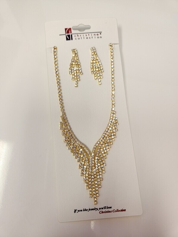 S-20033 Rhinestone Pave Necklace and Earring Set Gold