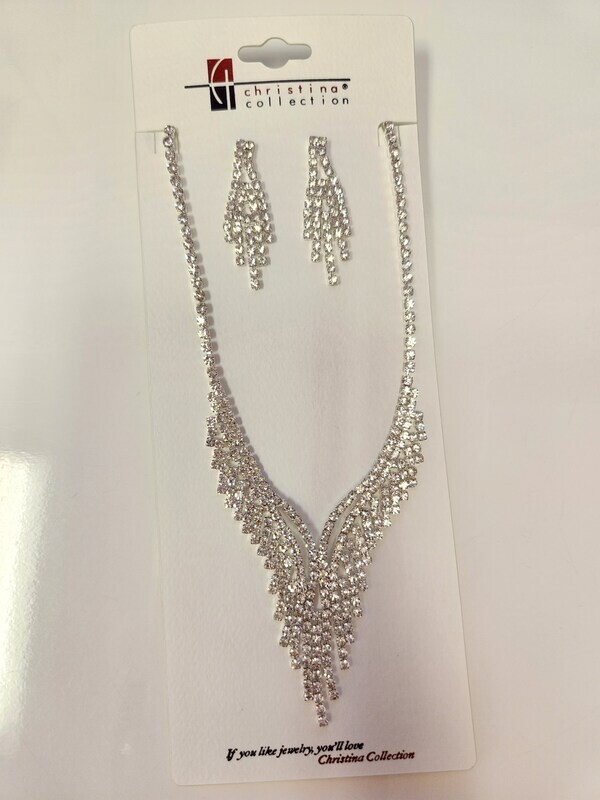 S-20033 Rhinestone Pave Necklace and Earring Set White Gold