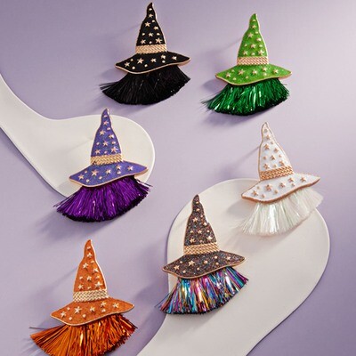 C1E-2067 Halloween Witch Hat w/ Glitter Tassel Earring Purple