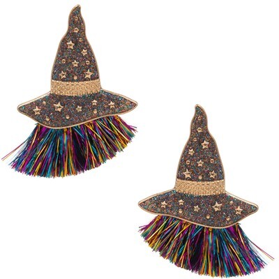 C1E-2067 Halloween Witch Hat w/ Glitter Tassel Earring Multi