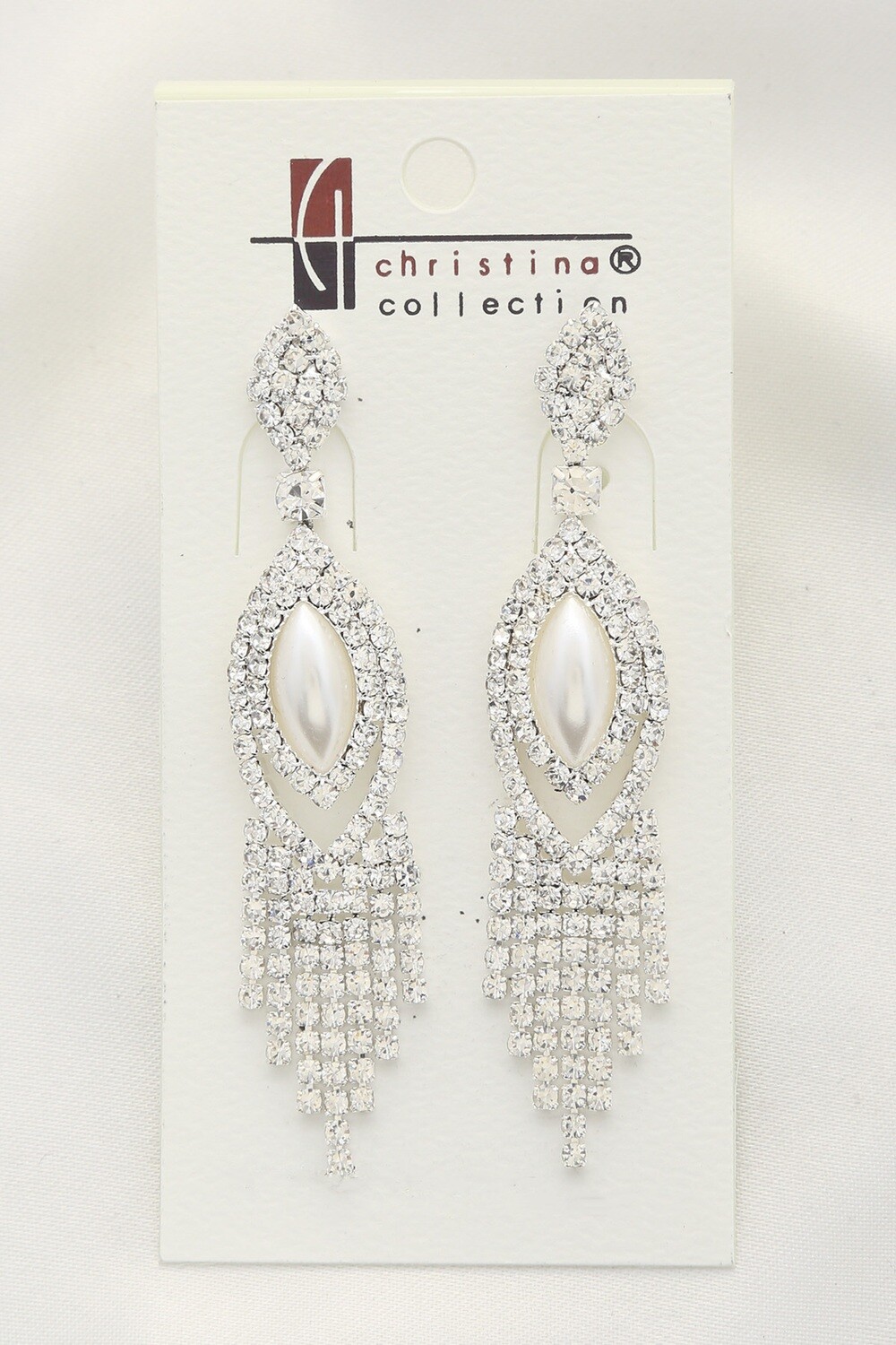 E-6643-EN Marquise Pearl Rhinestone Pave Dangle Earring Slvr