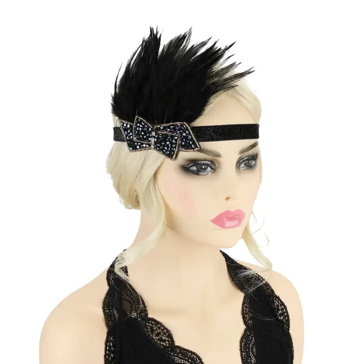 GAS10654 Beaded Bow Feather Flapper Headband