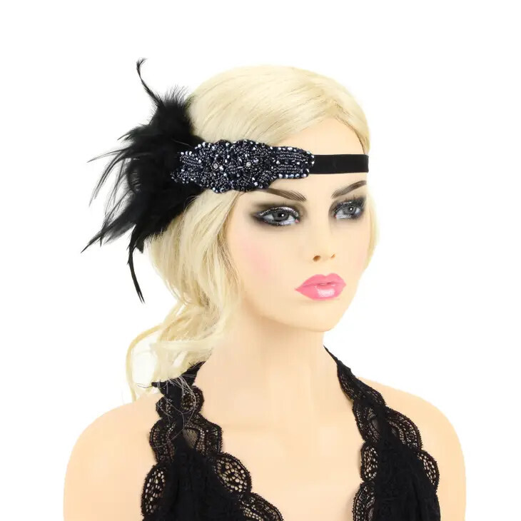 GAS10441 Beaded Gatsby Feathered Band Black