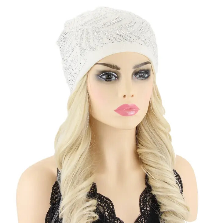 HTK10621BK Rhinestone Peacock Feather Beanie Blk
