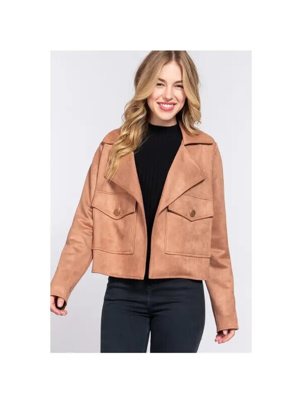 Long Slv Open Front Faux Suede Jacket