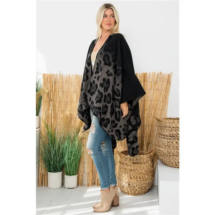 HDF3986BK Leopard Print Warmer Kimono Black