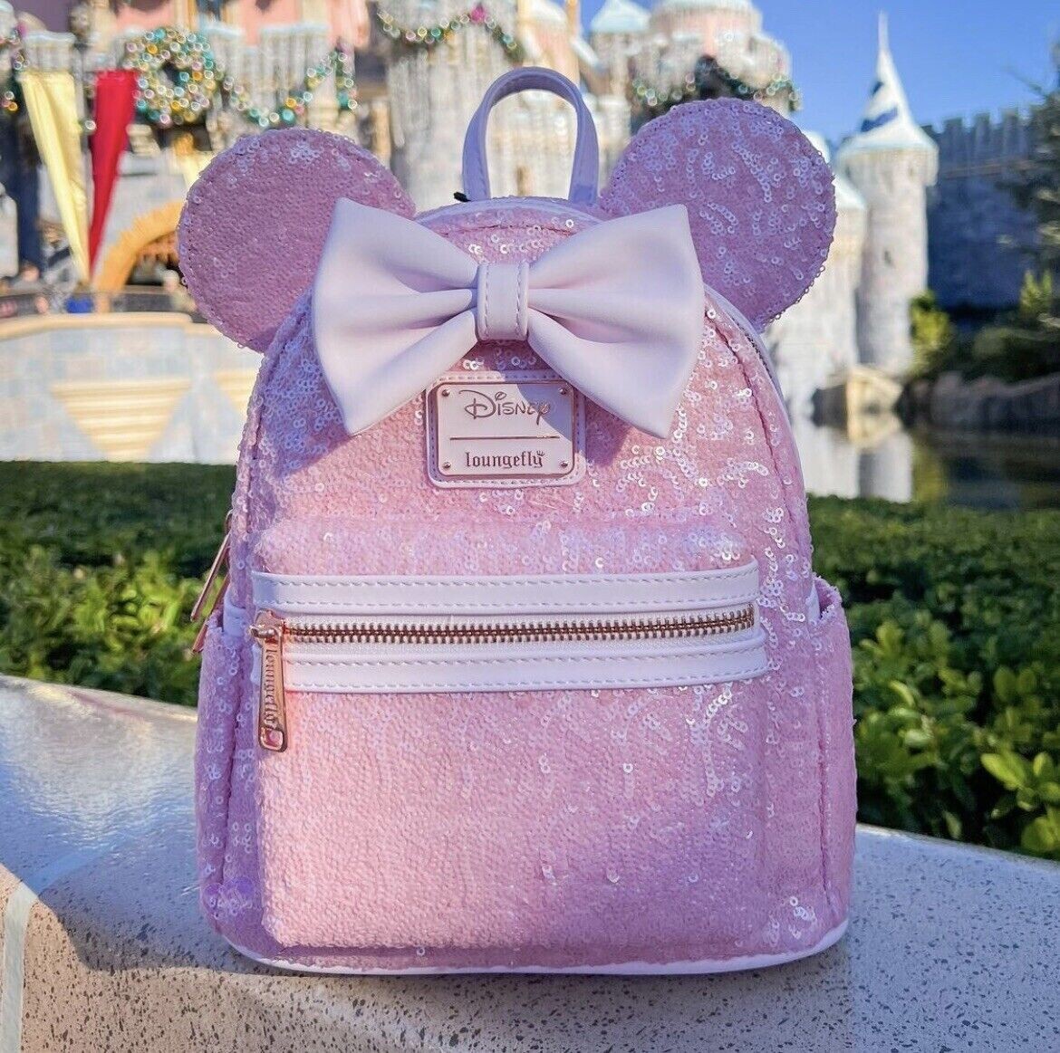 Disney Loungefly Exclusive Minnie Mouse Pink Cotton Candy Sequin Mini Backpack