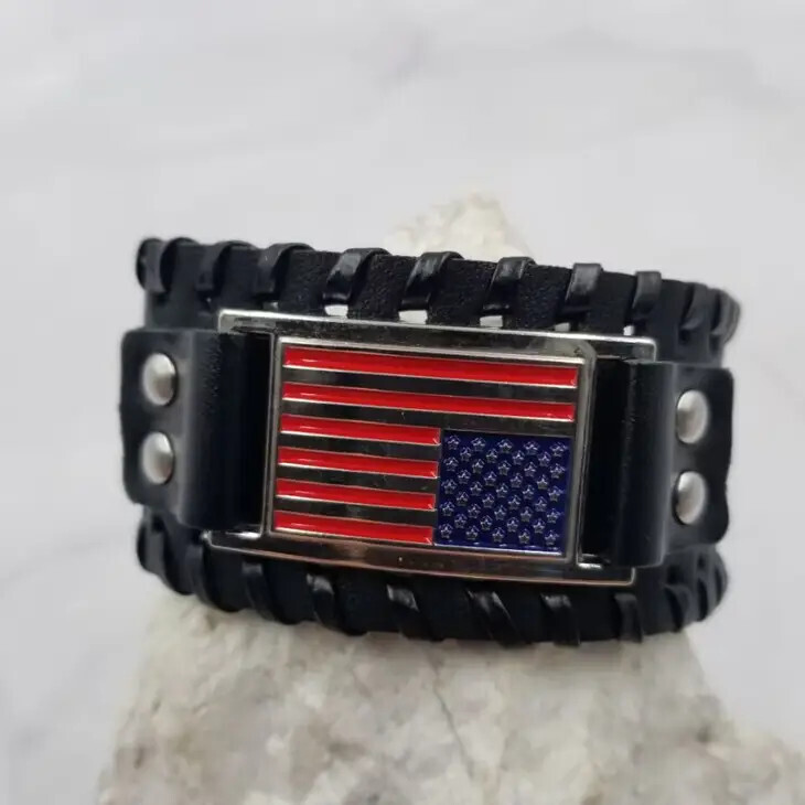 American Flag Patriotic Wide Leather Bracelet