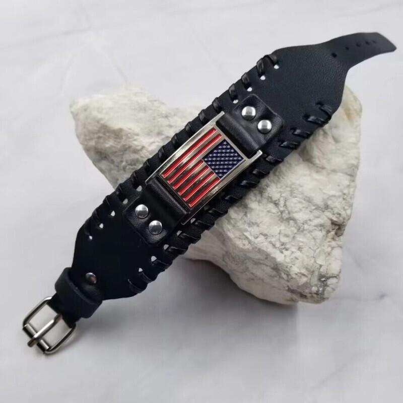 American Flag Patriotic Wide Leather Bracelet