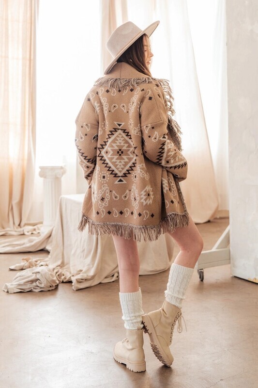 12W2790N-Aztec Graphic Shawl Collar Sweater Knit Cardigan