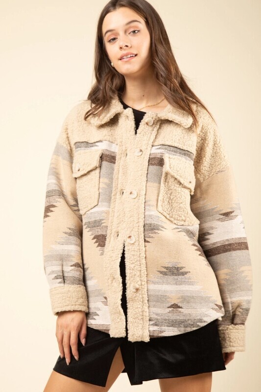 NJ90150-Aztec Graphic Oversize Sherpa Jacket Shacket Mocha Mix