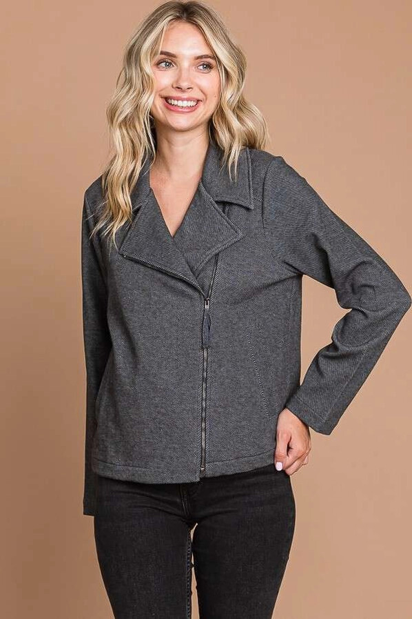 CJJ1851L-Front Zipper Detail Blazer, Color: Charcoal, Size: Small