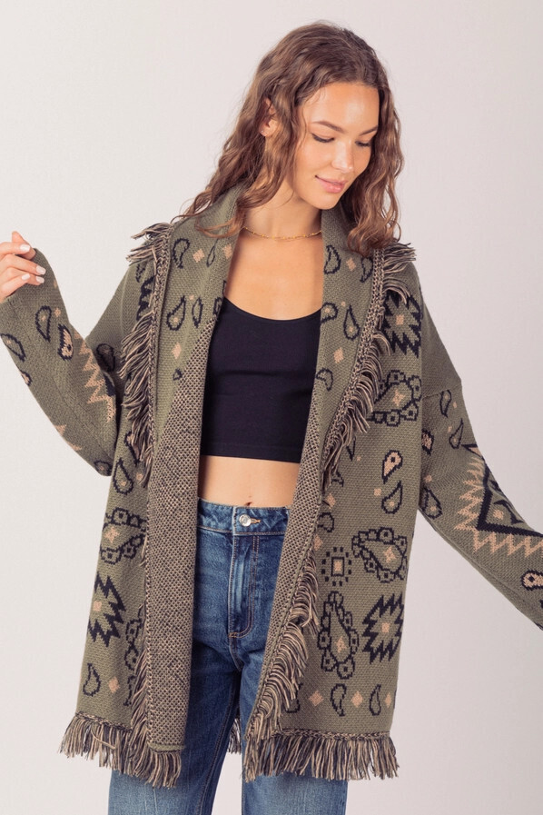 12W2790N-Aztec Graphic Shawl Collar Sweater Knit Cardigan, Color: Olive, Size: Small