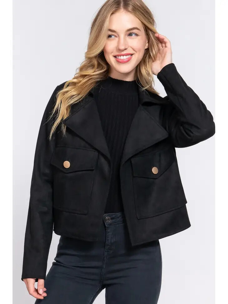 Long Slv Open Front Faux Suede Jacket, Color: Black, Size: Small