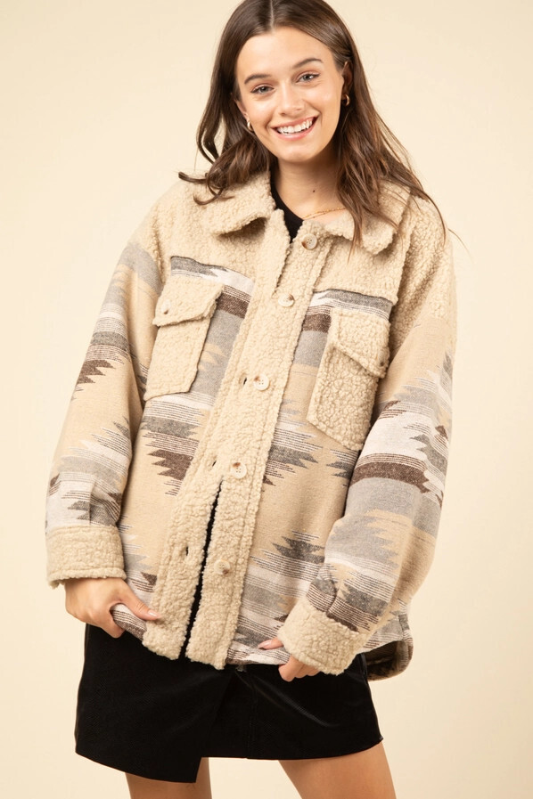 NJ90150-Aztec Graphic Oversize Sherpa Jacket Shacket Mocha Mix, Size: Small