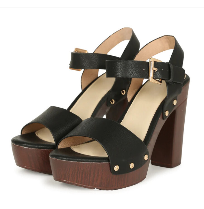 Queen-9   Platform Heeled Sandal   , Color: Black, Size: 5 1/2