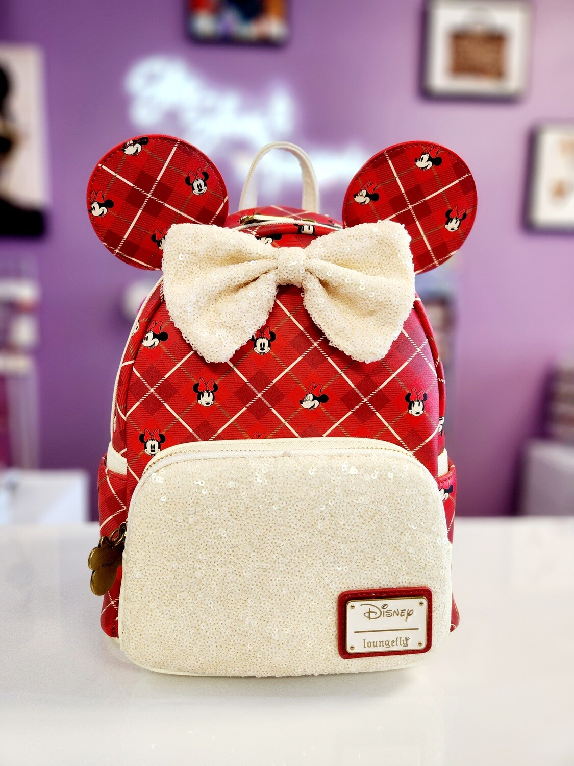Loungefly Disney Minnie Mouse Red Plaid Sequin Backpack