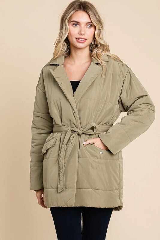 Waist Belt Pocket Open Zipper Solid Down Jacket