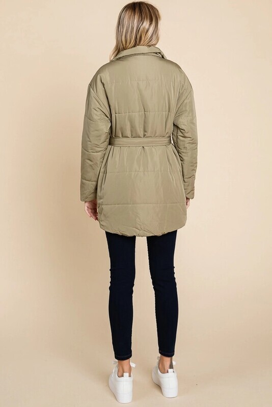 Waist Belt Pocket Open Zipper Solid Down Jacket