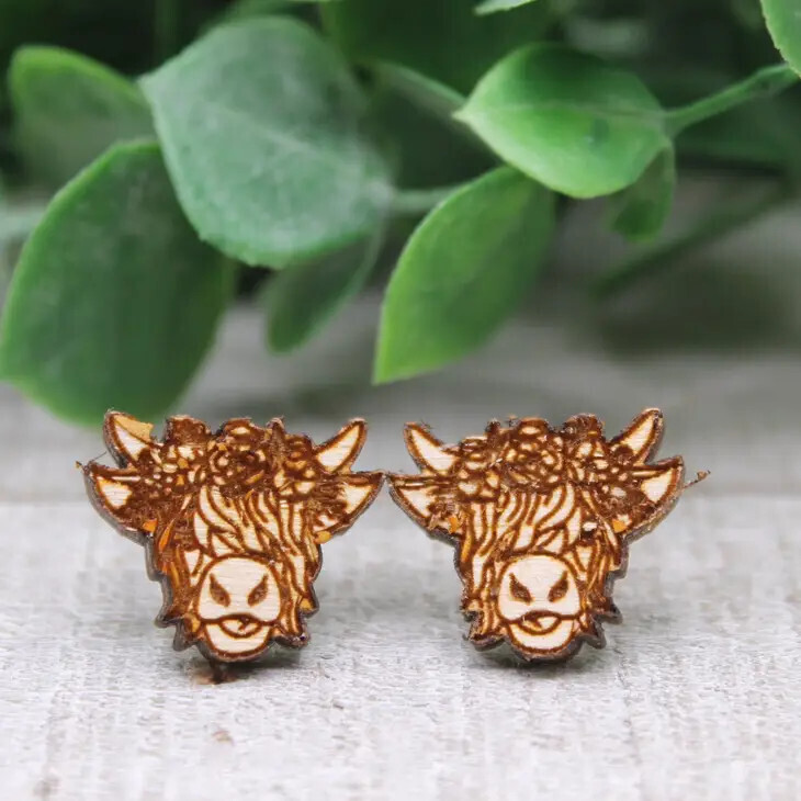 Highland Cow with Floral Crown || 15mm Wood Stud Earrings