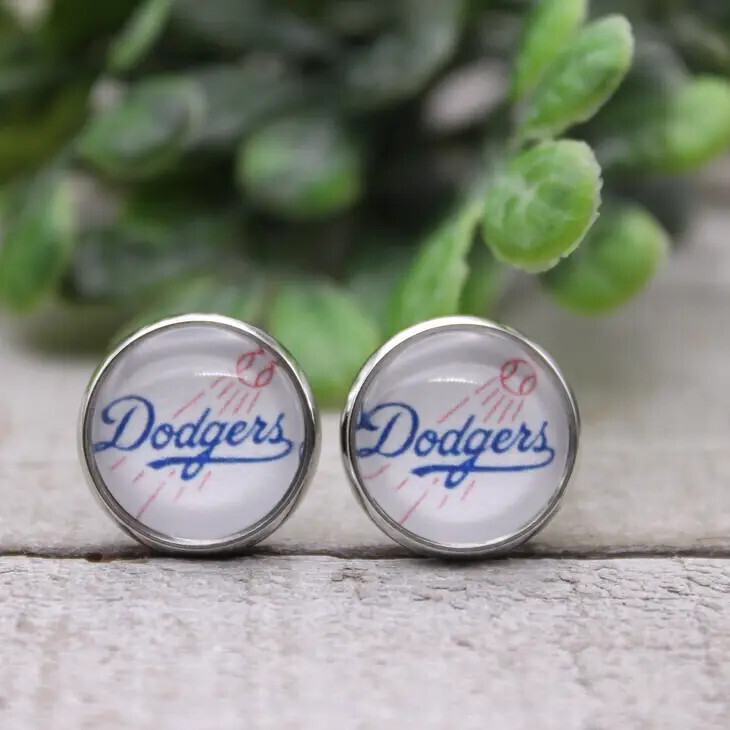 Dodgers Baseball || 12mm Glass Stud Earrings || Hypoallergenic