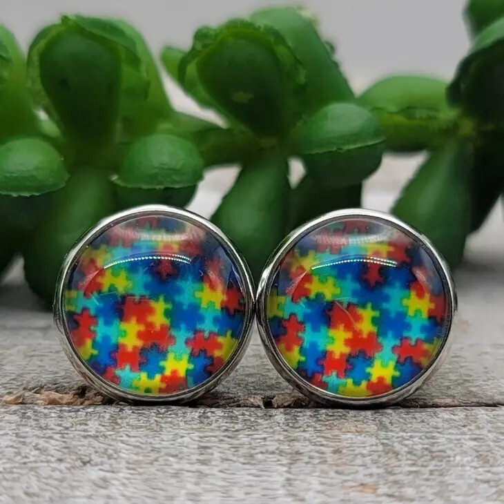 Autism Awareness || 12mm Glass Stud Earrings || Hypoallergenic