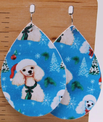 Christmas Poodle || Faux Leather Teardrop Dangle Earrings || Single-Sided