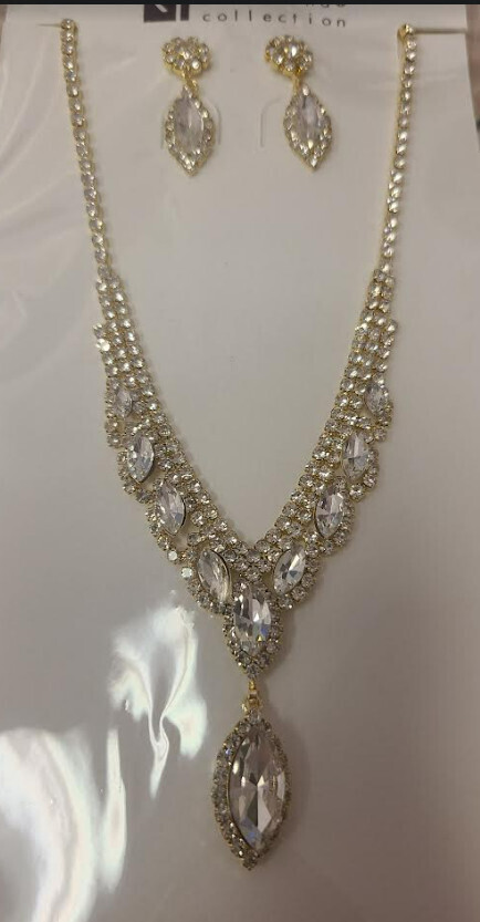 S19479 Teardrop Rhinestone Teardrop Necklace Set, Color: Gold