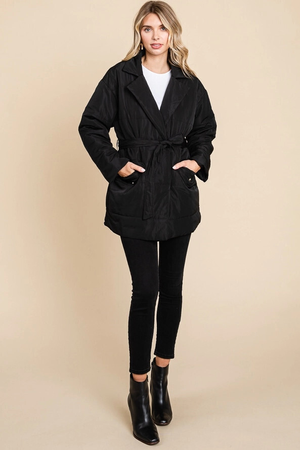 Waist Belt Pocket Open Zipper Solid Down Jacket, Color: Black, Size: Small