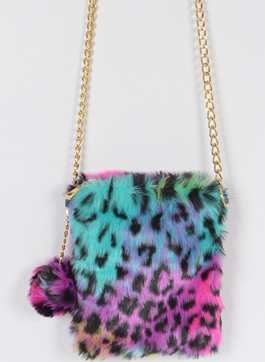 Multi Leopard Faux Fur Cellphone Bag Purple