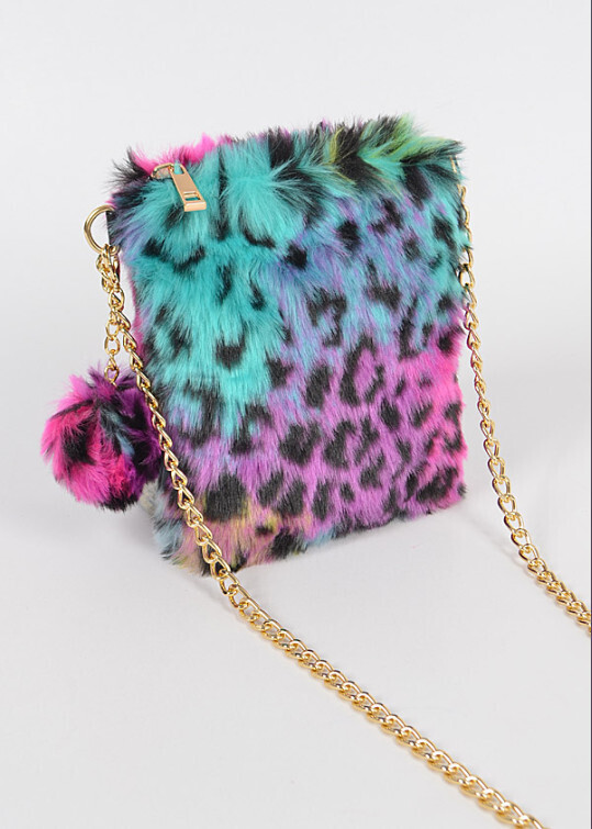 Multi Leopard Faux Fur Cellphone Bag Purple