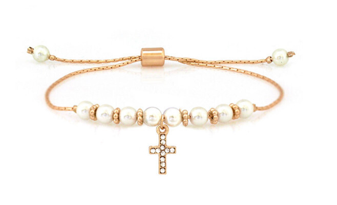 KB-6456 Metal Pearl Chain Cross Charm Bracelet