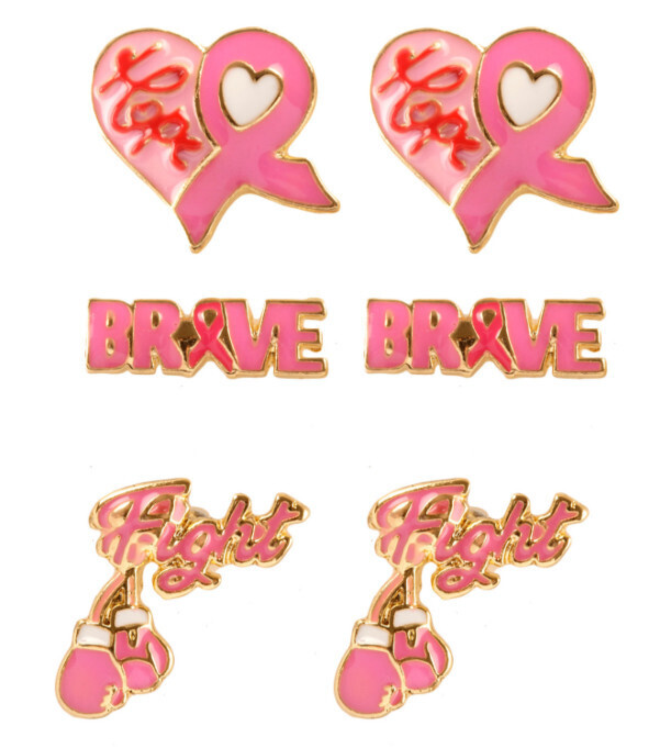 EE-2219 Metal Epoxy Pink Ribbon Breast Cancer 3 Pair Earring