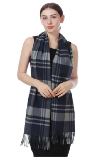 NY98-1 Grey/Dark Blue Plaid Scarf w/Tassels