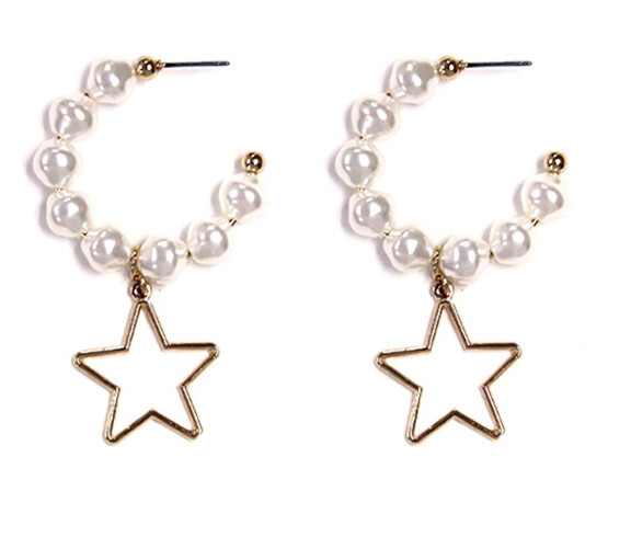 TE-10179 Star Pearl Bead Open Hoop Earring
