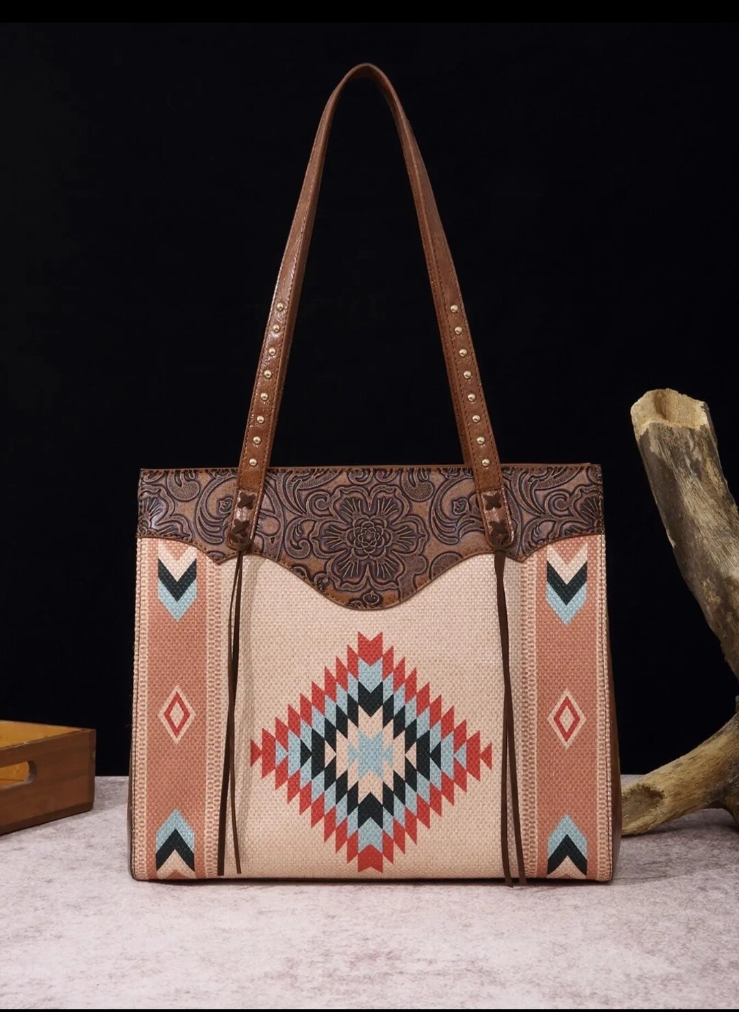 Aztec Design Faux Leather Floral Engraved Tote