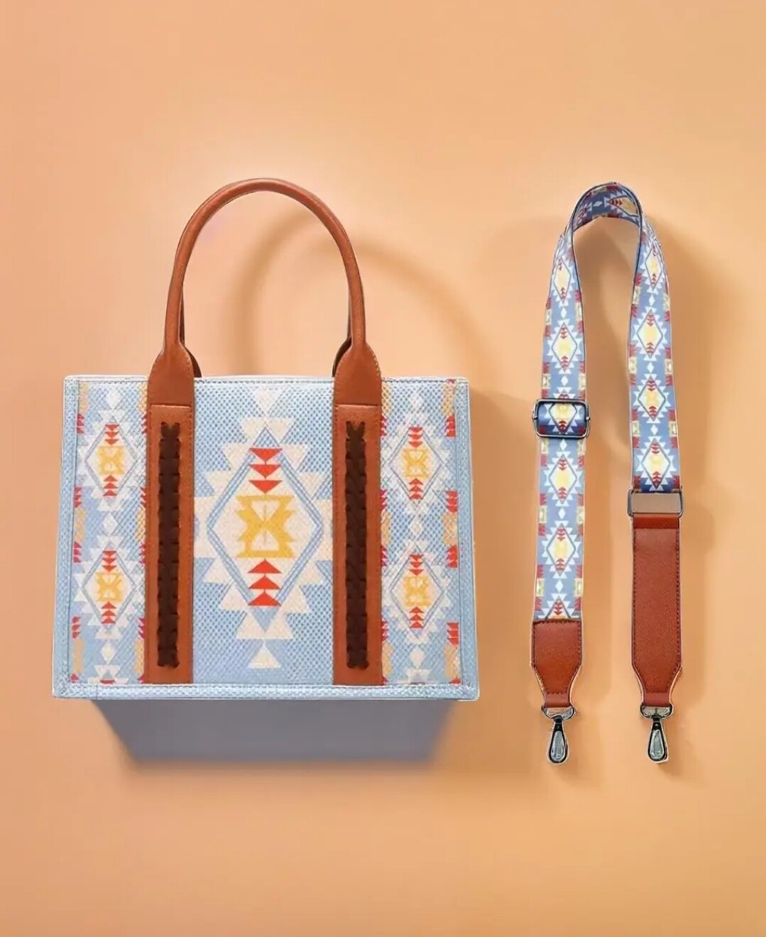 Light Blue Aztec Design Faux Leather Braid Tote Bag