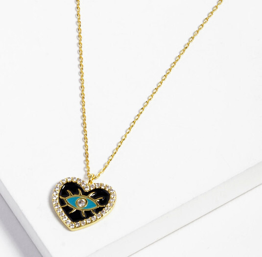 BN-392 Gold Dipped CZ Evil Eye Heart Metal Chain Necklace (Gold)
