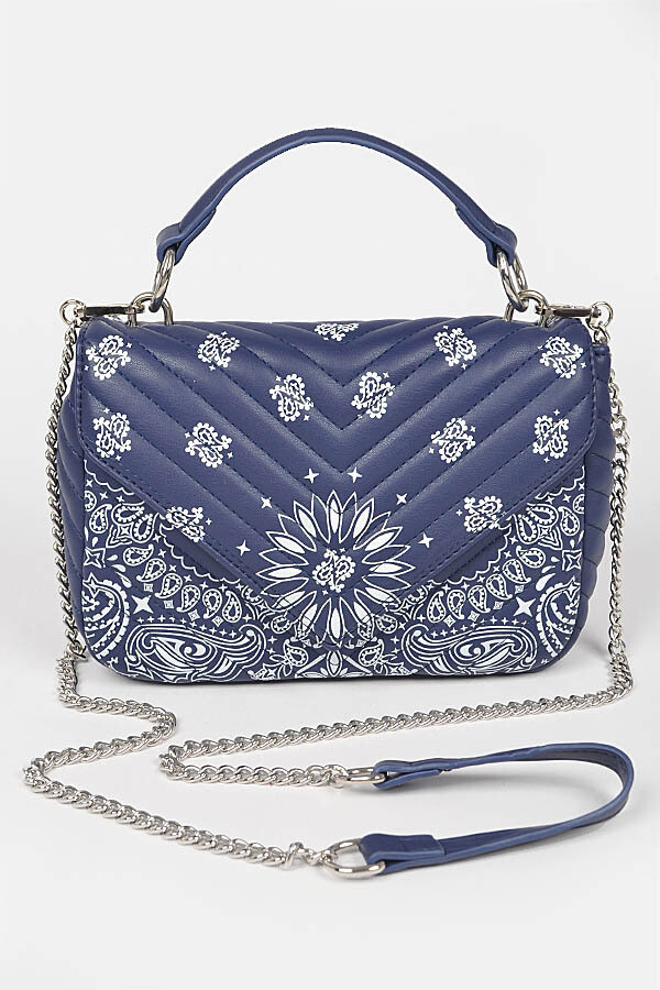 Quilted Bandana Print Faux Leather Crossbody Bag Navy