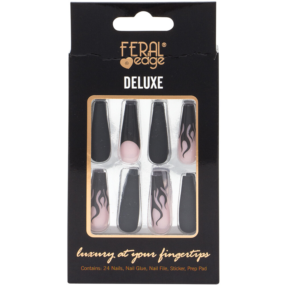 Feral Edge Deluxe Press-On Nail Kit Black Flames/Pink