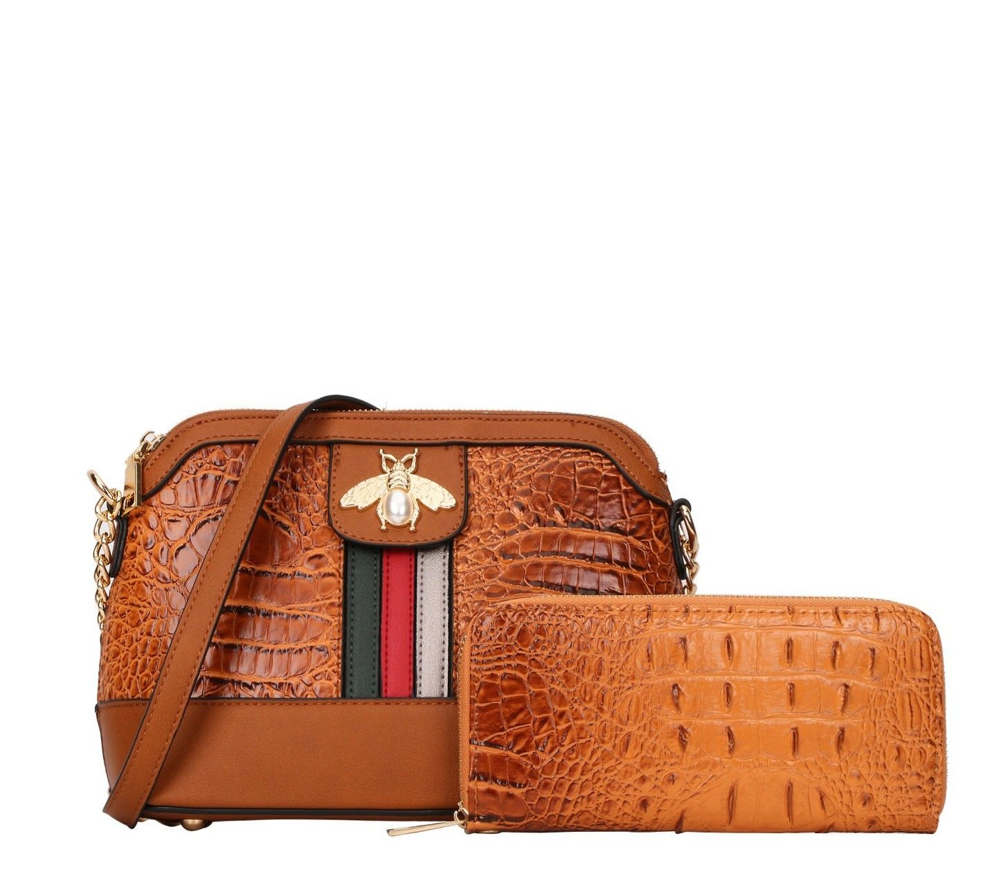 CYS-8635   2-in-1 Queen Bee Stripe Alligator Cross-Body Set  , Color: Brown