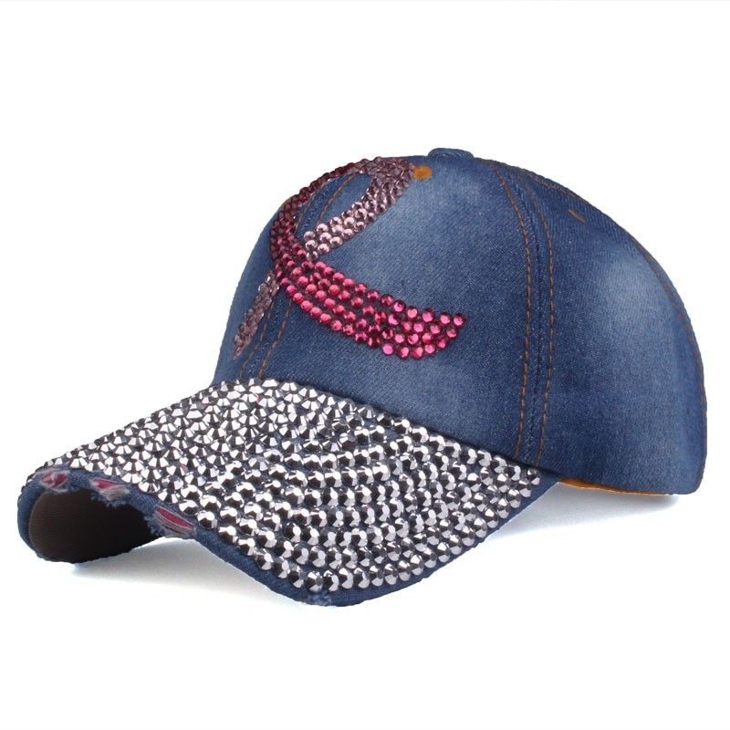 Pink-R-012   Pink Ribbon  Symbol Fashion Denim Cap, Color: D-Denim